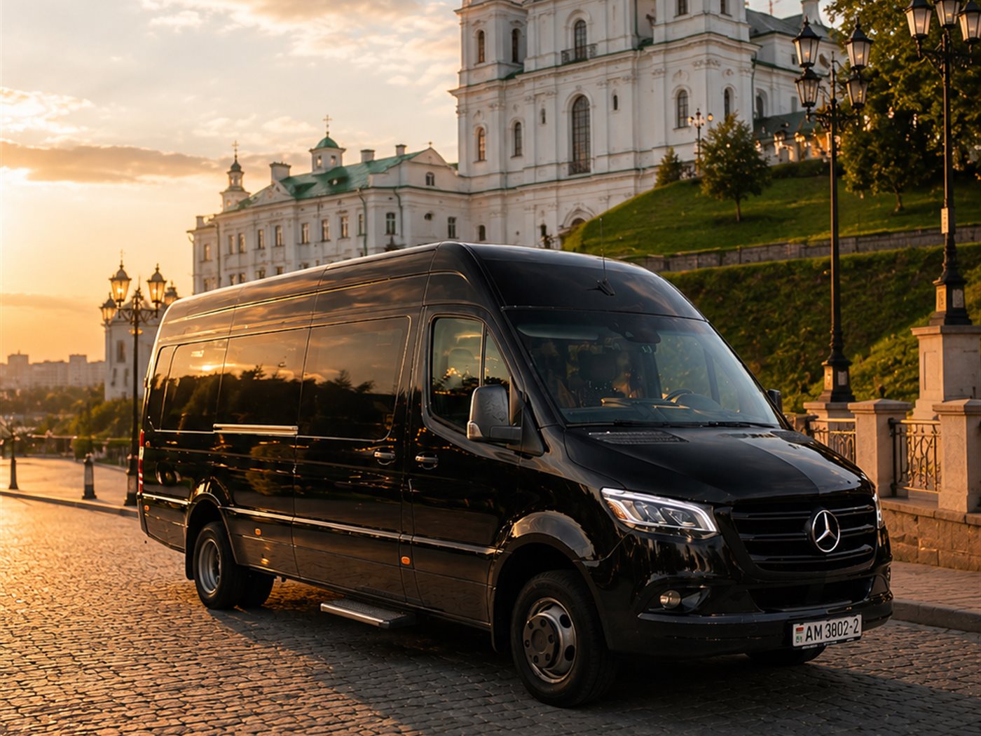 Черный микроавтобус Mercedes для свадебного маршрута